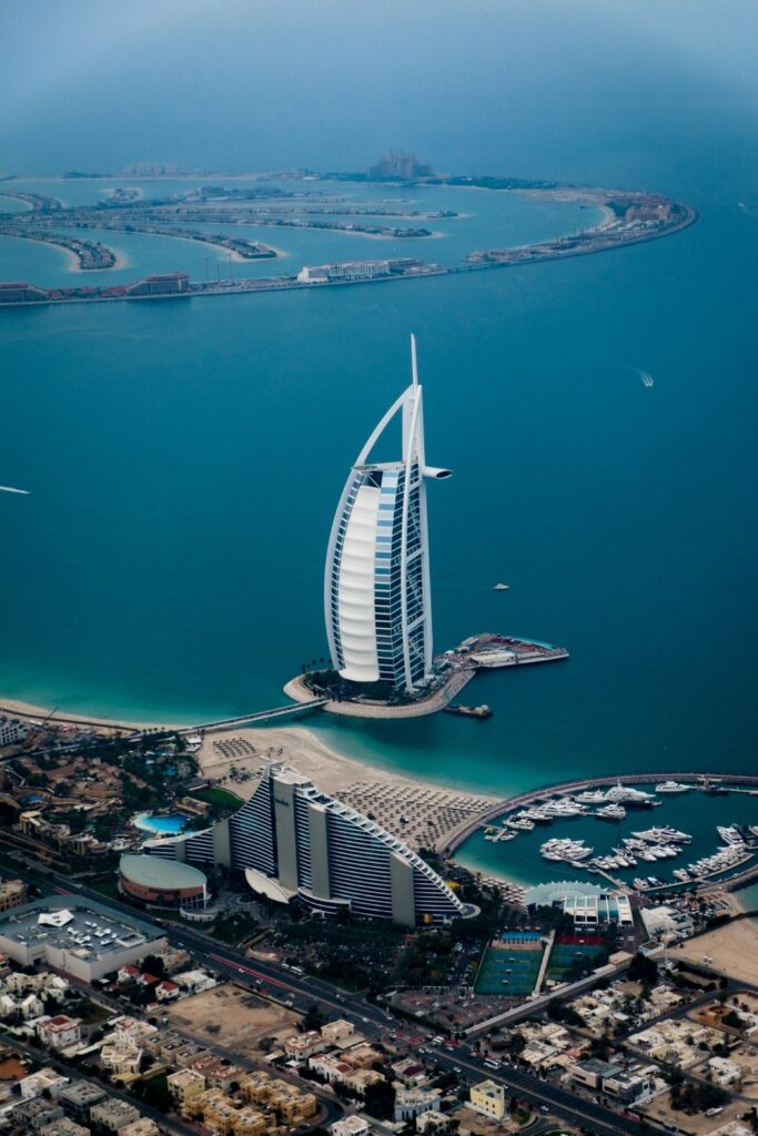 The view of the only 7 star hotel in the world surrounded by an artifical island and the sea